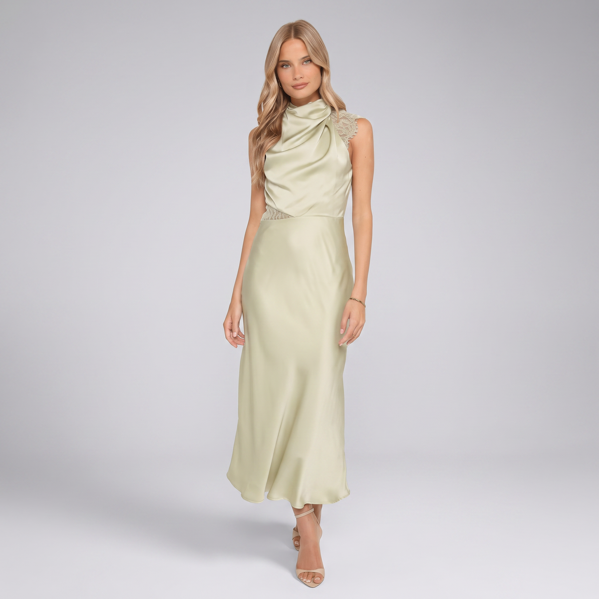 Anabelle Halter Neck Lace Maxi Dress - Sage Green