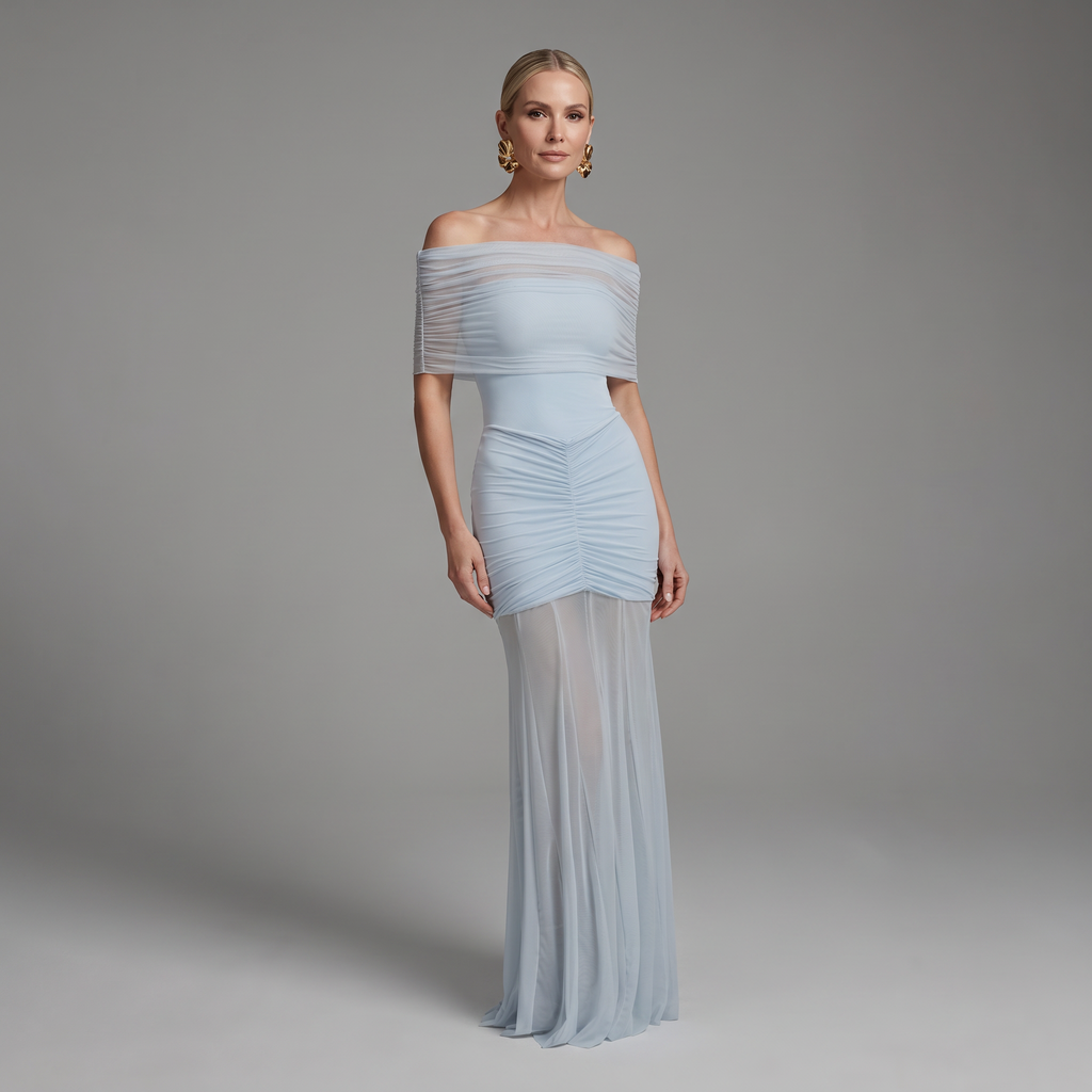 Caspian Off-Shoulder Mesh Maxi Dress