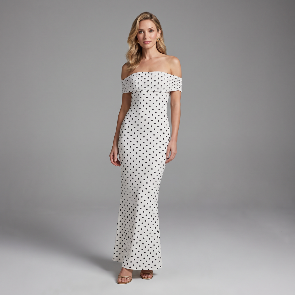 Cole Off-Shoulder Polka Dot Mesh Maxi Dress