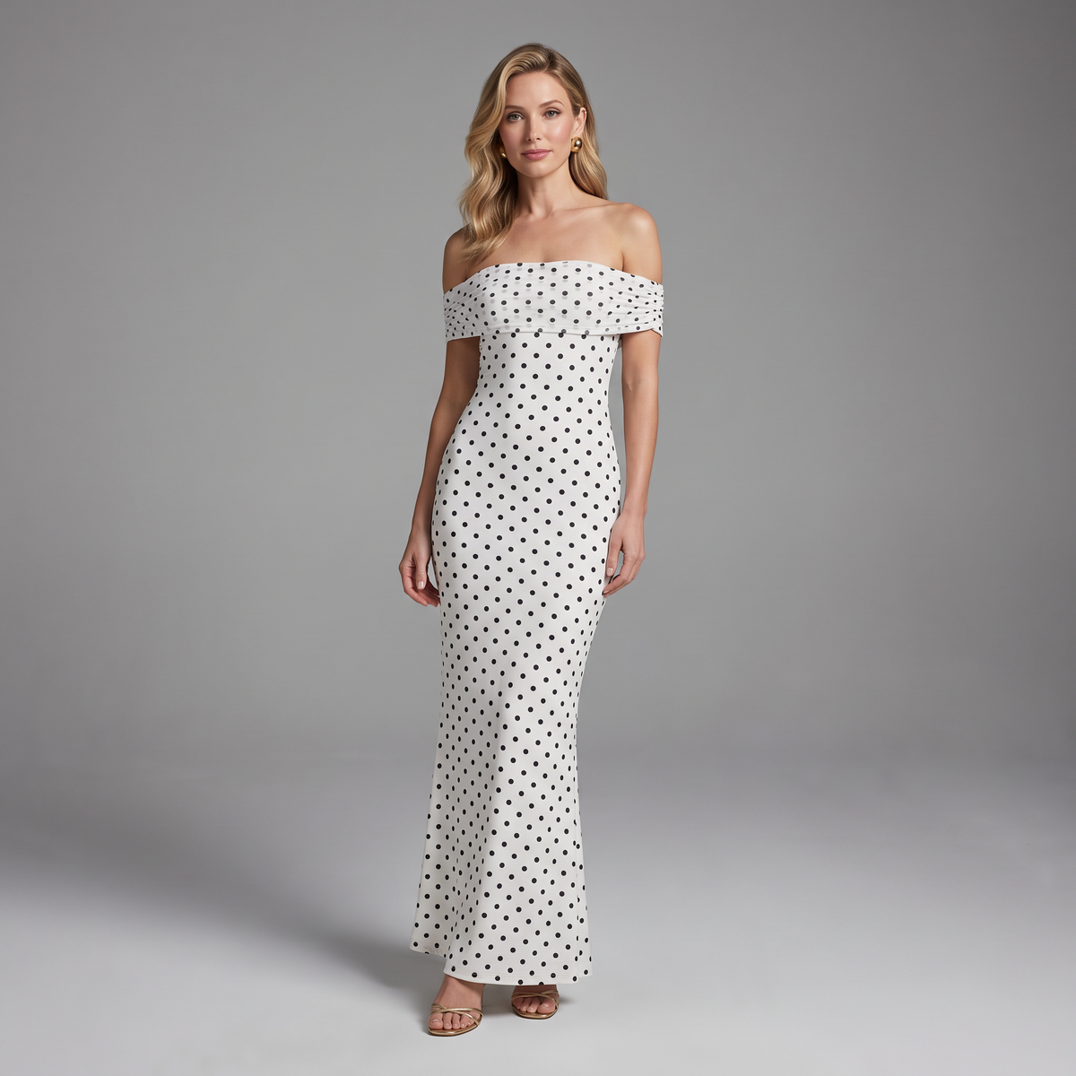 Cole Off-Shoulder Polka Dot Mesh Maxi Dress