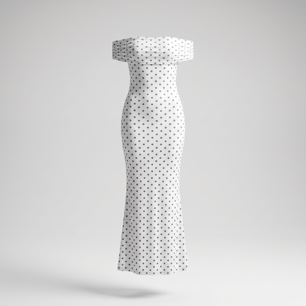 Cole Off-Shoulder Polka Dot Mesh Maxi Dress